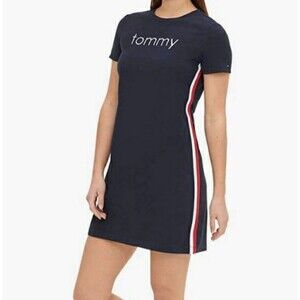 Tommy Hilfiger Embroidered Spell Out Short Sleeve T-Shirt Dress Navy Womens M